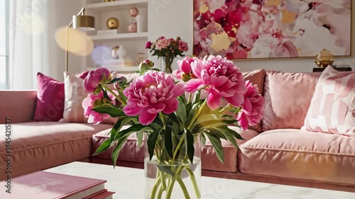 Elegant Pink Living Room Interior Design with Floral Accents and Modern Decor.