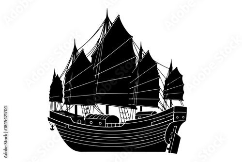 Vintage wooden sailboat model silhouette isolated vector illustration on a white background
