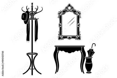 Black silhouette vector icons of hairdressing tools: vanity mirror, spray bottle, hair dryer, scissors, wide comb, tail comb, round brush, dye brush, paddle brush, clean flat salon equipment icons on 