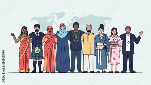Diverse group of people in traditional clothing standing together.