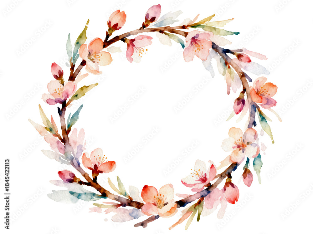 Fototapeta premium Floral Wreath: A Delicate Watercolor of blooming wreath, a celebration of new beginnings, and the eternal dance of life, where natural beauty intertwines