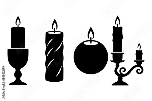A diverse collection of elegant burning candle and decorative holder silhouettes, featuring various styles with gentle flames, ideal for graphic projects evoking warmth, light, and a serene ambiance