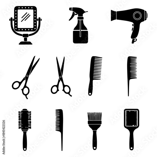 Comprehensive vector icon collection of essential hairdressing and beauty salon tools combs, scissors, hair dryers, and mirrors, ideal for professional graphic design projects