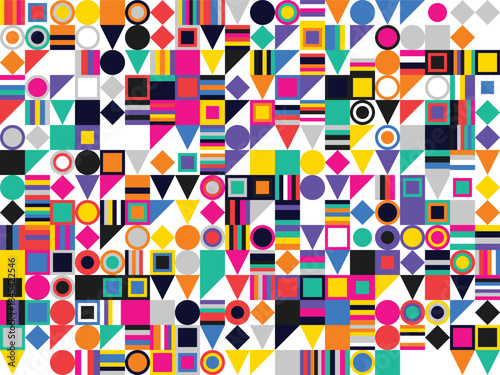 Abstract Geometric Pattern with Vibrant Colorful Squares, Circles, and Triangles for Modern Design