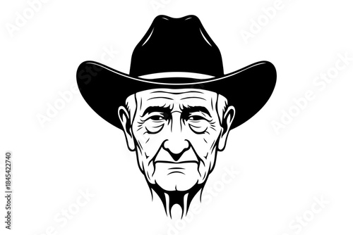 Iconic old man wearing a classic cowboy hat, rendered in a bold, stylized black and white illustration, conveying a sense of rugged Americana and timeless wisdom
