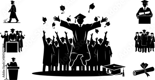Graduation silhouette, Graduates celebrating silhouettes, Graduation, Graduation vector