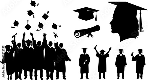 Graduation silhouette, Graduates celebrating silhouettes, Graduation, Graduation vector