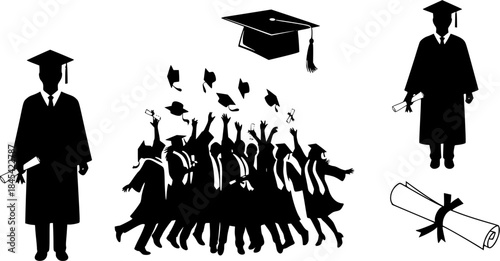 Graduation silhouette, Graduates celebrating silhouettes, Graduation, Graduation vector