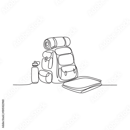 Line art drawing of a backpack sleeping bag and travel accessories