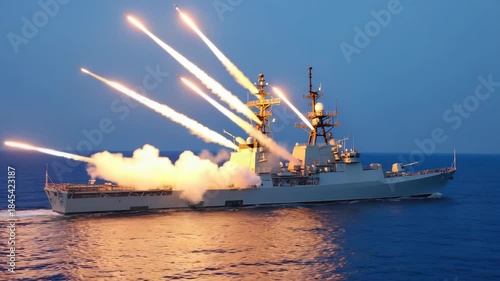 A warship destroyer launches missiles at a designated target.