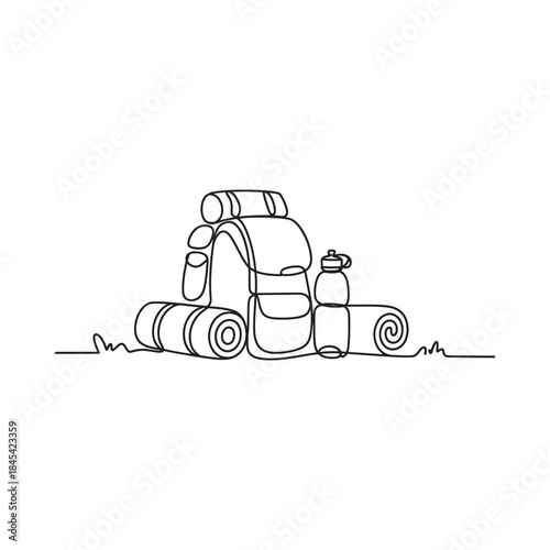 Minimalist line drawing of a backpack sleeping bag and water bottle