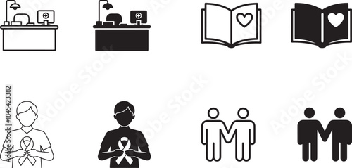 A diverse collection of medical office love story awareness support and couple relationship icons vector illustrations