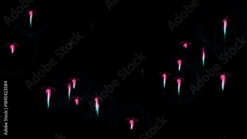 Neon pink and teal glowing particles with trail effects on black background
