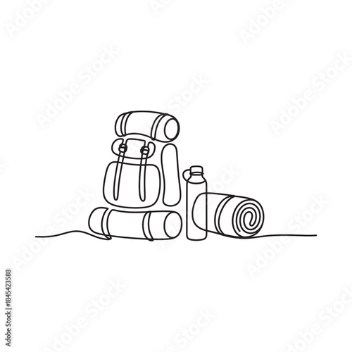 Minimalist line art depicting hiking gear backpack sleeping bag and water bottle