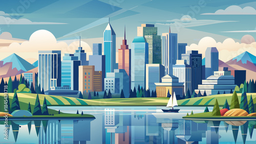 Very beautiful Bellevue city skyline viewed from Mercer Island, calm water foreground, modern buildings, soft daylight, and balanced composition presented in a clean vector illustration style.