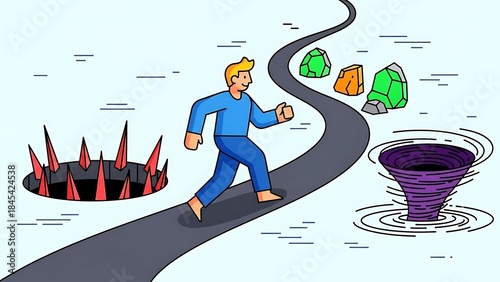Man Navigating Path with Pitfalls and Obstacles