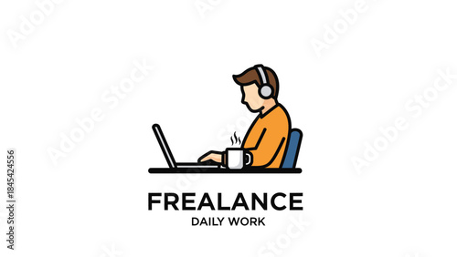 Man Working on Laptop with Headphones and Coffee.