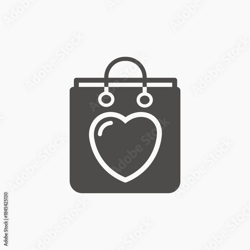 Shopping bag icon vector set on white. Paper heart black eco bag with handle. Flat style element