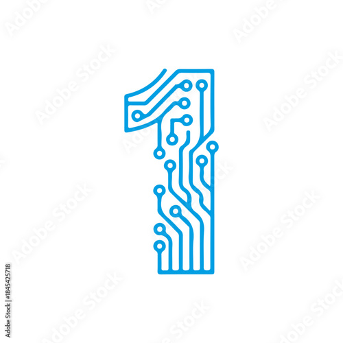 A vector icon of the number '1' designed with blue electronic circuit board lines, symbolizing binary code, digital innovation, and the computing one concept. PNG, JPG, and editable EPS formats