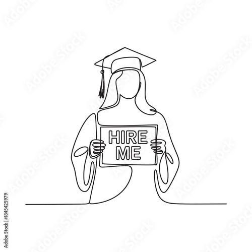 Line drawing of a graduate holding a hire me sign for employment