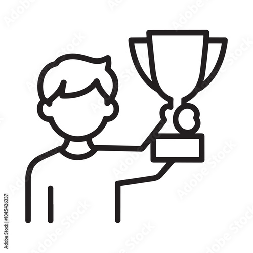 A simple line drawing of a person holding up a trophy in victory