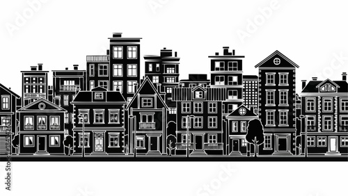 Black and White Silhouette of a Charming City Street with Diverse Buildings.