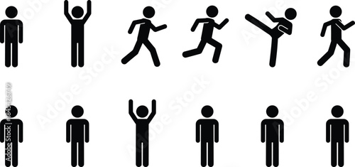 Human activity stick figure icon set showing walking running jumping karate poses simple black silhouette vector illustration isolated