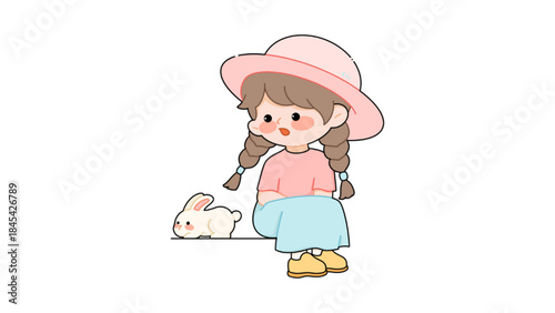 Vector illustration little girl with a little rabbit