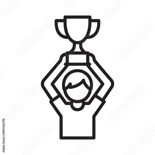 Celebrating victory A line art depiction of a winner with trophies