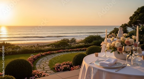 Fototapeta Naklejka Na Ścianę i Meble -  Elegant outdoor dining by the ocean at sunset with a beautifully set table