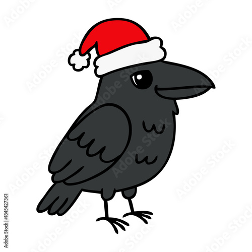 Dibujo sencillo con líneas de cuervo simpático con sombrero de Santa Claus para tarjetas y felicitaciones de Navidad