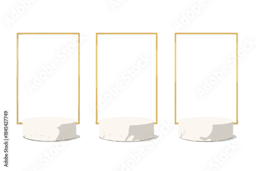Three luxurious white marble cylindrical product display podiums with golden frames on a clean background