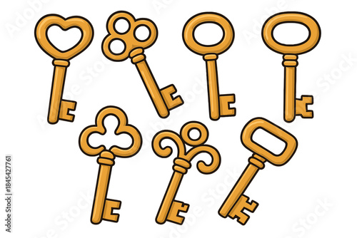 Set of antique golden skeleton keys with ornate decorative bows and bits