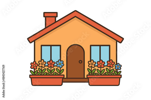Simple cartoon house with a chimney and vibrant flowers in window planters