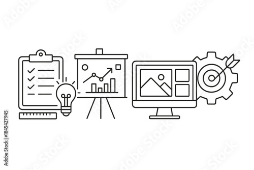 Business strategy planning and goal setting concept with data analysis and creative idea icons