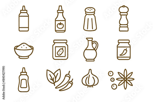 Outline icons collection of kitchen condiments, spices, seasonings, and food ingredients