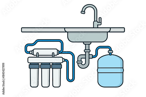 Under sink water filtration system with filter cartridges and storage tank connected to kitchen plumbing