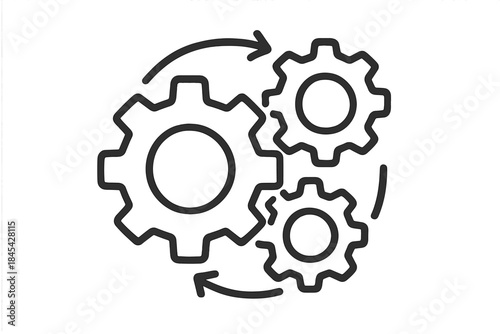 Three rotating gears mechanism symbolizing process, workflow, system integration, and settings