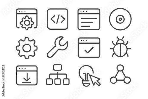 Outline icons set for programming, system configuration, maintenance, and digital processes