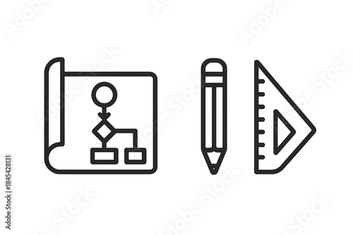 Technical drawing tools concept featuring a blueprint document with flowchart diagram, pencil, and triangular ruler
