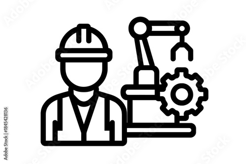 Industrial worker profile with robotic arm and mechanical gear for automation engineering