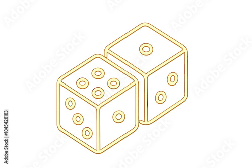 Minimalist golden outline of two standard six-sided game dice for gambling and board game concepts