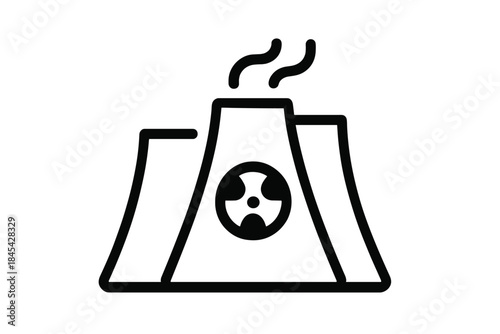 Industrial nuclear power plant facility showing cooling towers and radiation warning symbol