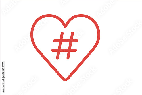 Minimalist red heart shape containing a prominent hashtag sign for social networking concepts