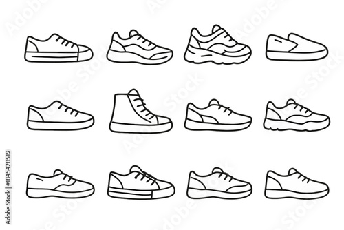 Collection of twelve outline designs showing various casual and athletic footwear styles