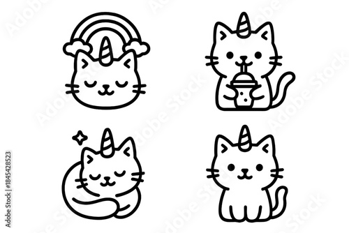 Kawaii caticorn character icons collection including sleeping and drinking poses