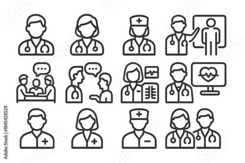 Simple line icons of medical staff, doctors, nurses, and healthcare consultation symbols