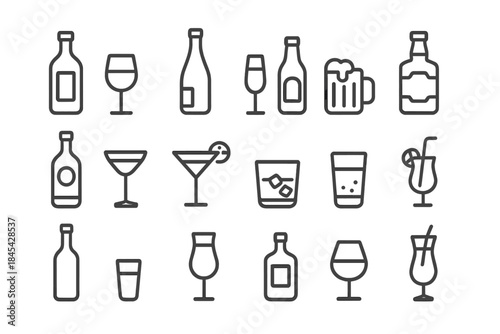 Set of outline icons featuring various alcoholic drinks, liquor bottles, wine glasses, beer mugs, and cocktail glassware