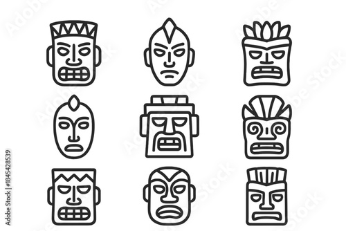 Nine ancient tribal masks and tiki heads in black outline style