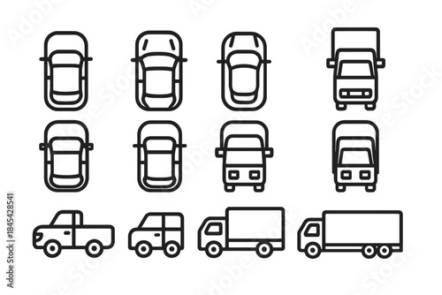 Minimalist line icons of passenger cars, pickup trucks, and delivery vehicles